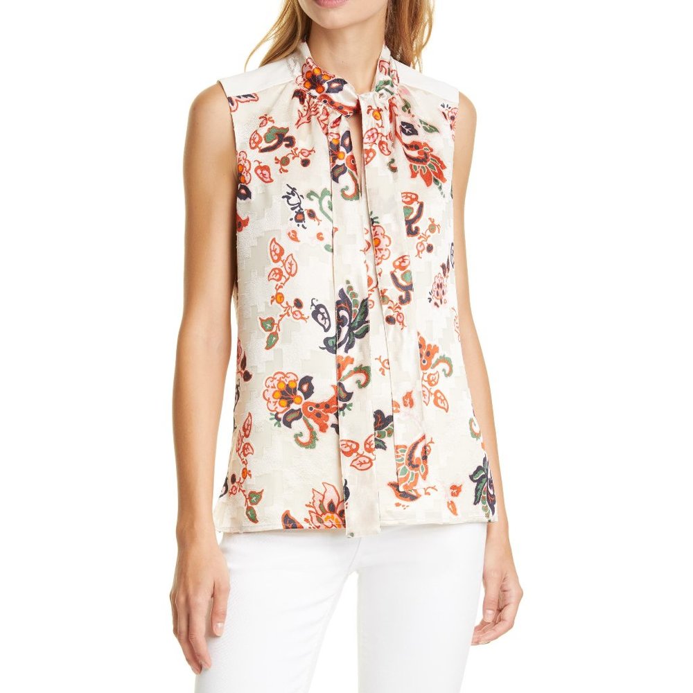 NWT Tory Burch Paisley Burnout Blouse Tie Neck Top US 4 Sleeveless